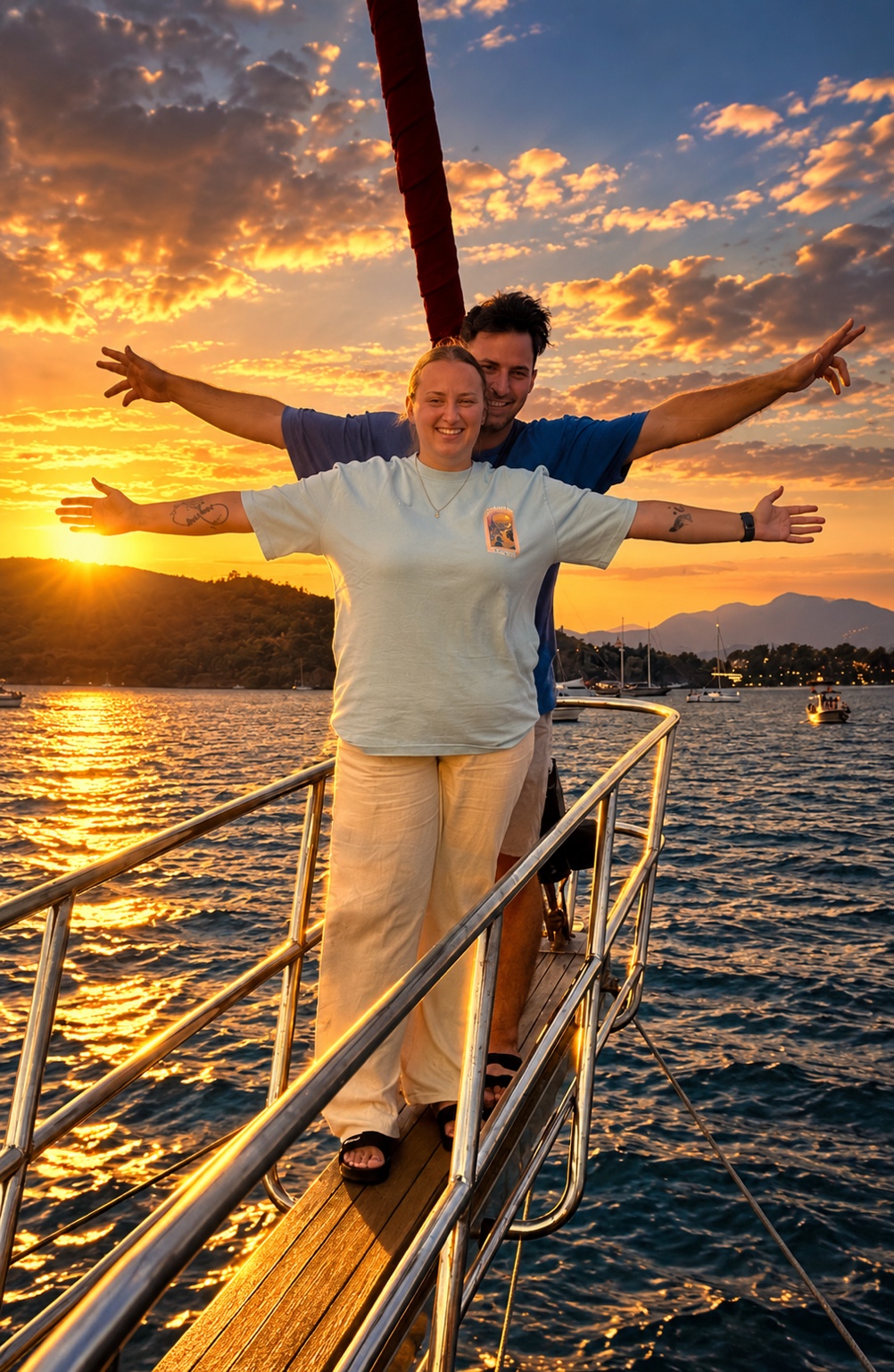 Gemeinsamer Moment auf dem Wasser bei Sonnenuntergang